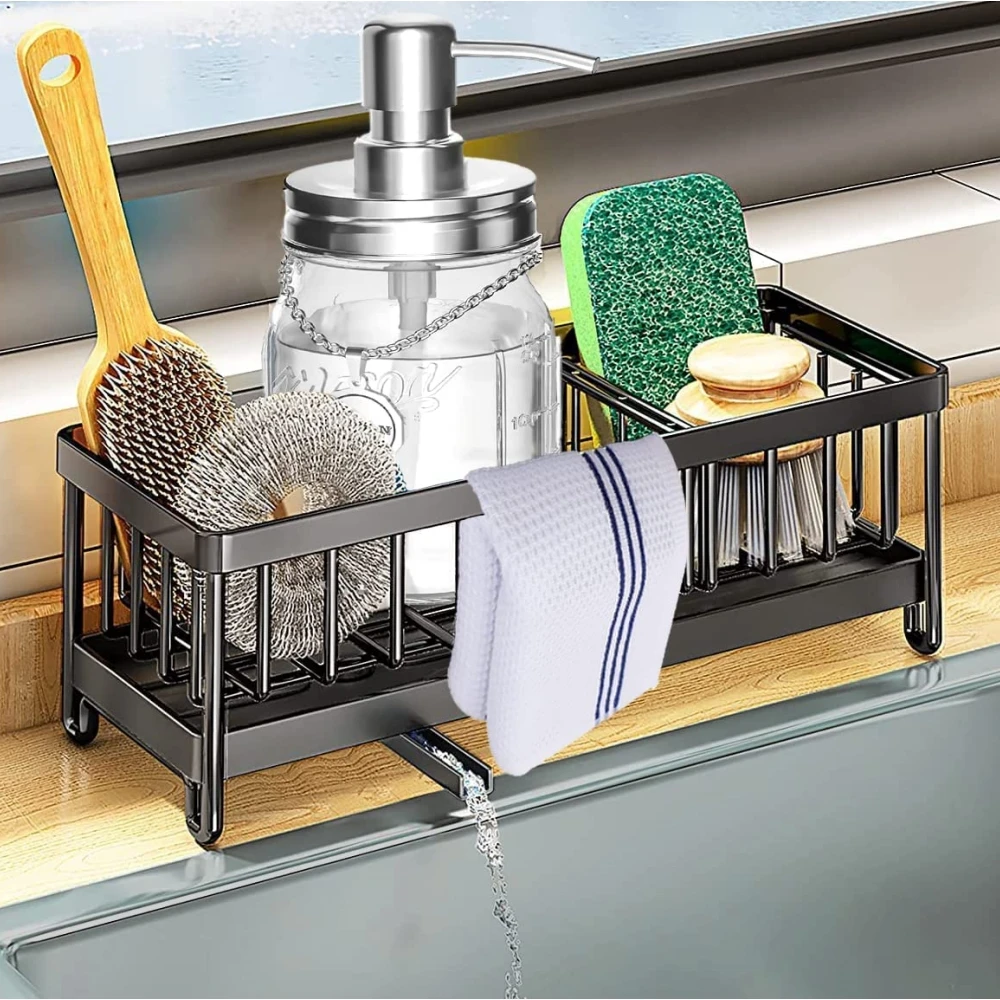 

Kitchen Sink Caddy Sponge Organizer 304 Stainless Steel Holder for Sink Countertop with Removable Drain Tray Diversion Drainage