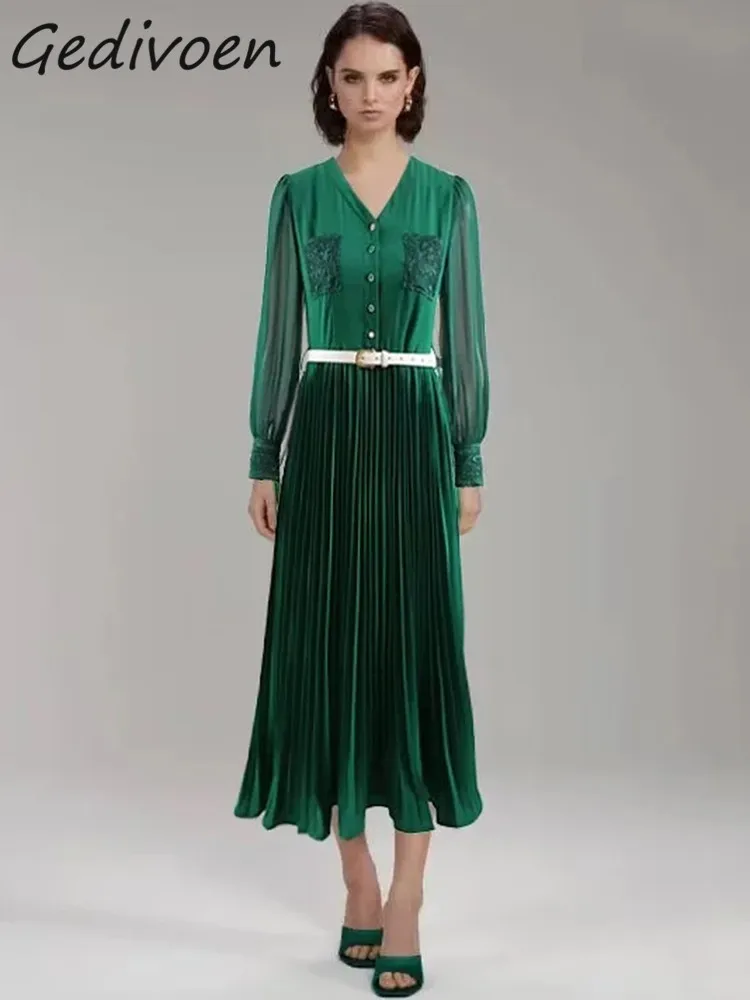 

Gedivoen Summer Fashion Runway Green Vintage Pleated Dress Women V Neck Button Embroidery Sashes Gathered Waist Slim Long Dress