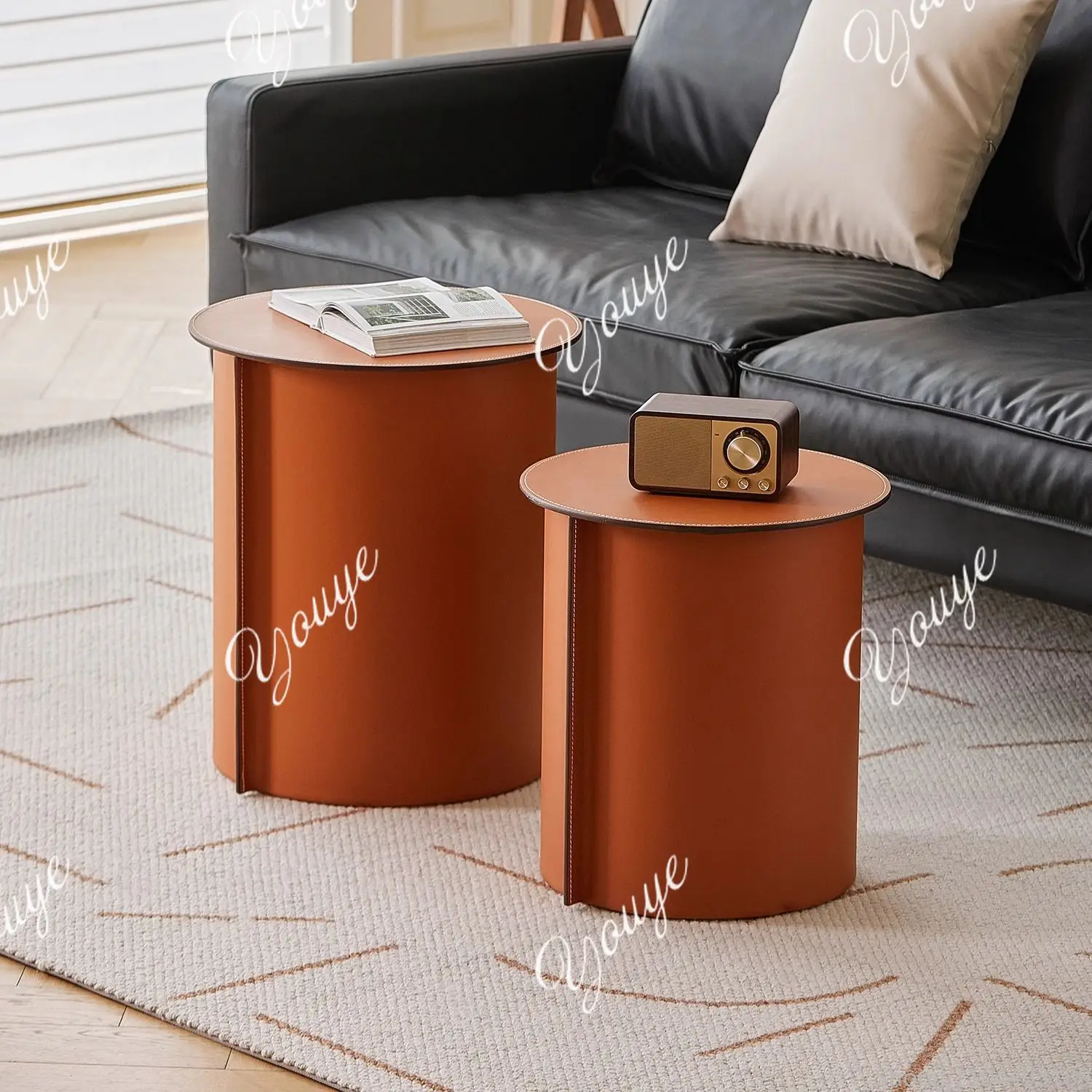 

Hermès Orange Saddle Leather Table - Round Luxe Side Table for Italian Living Room