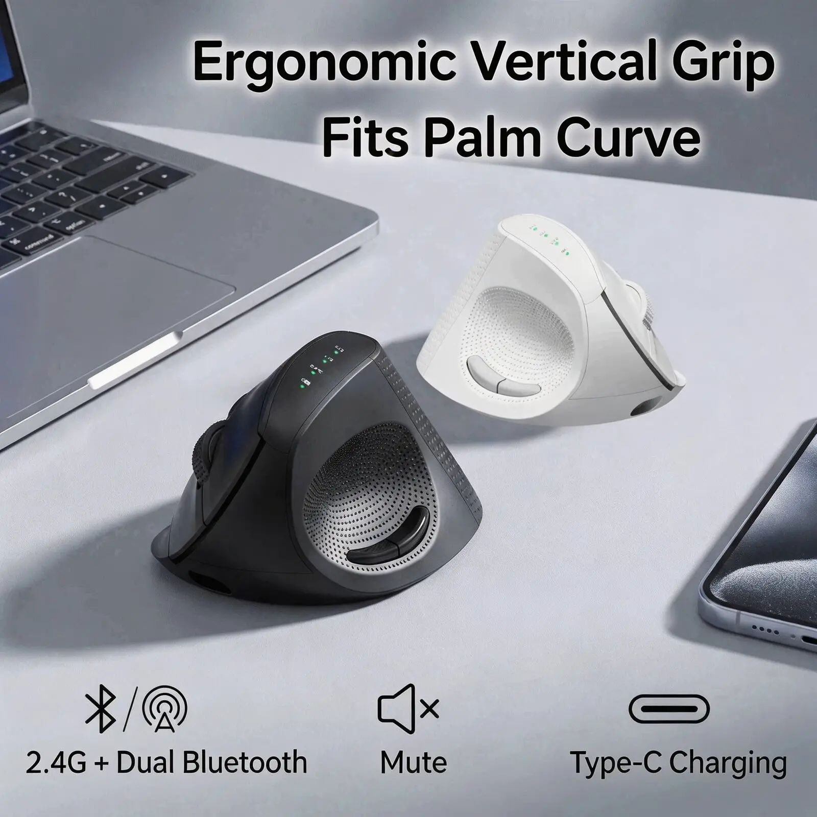 Vertical Ergonomic Wireless Mouse 2.4G BT5.0 Dual Mode Rechargeable Silent Click 7 Programmable Buttons 4-Speed Adjustable DPI