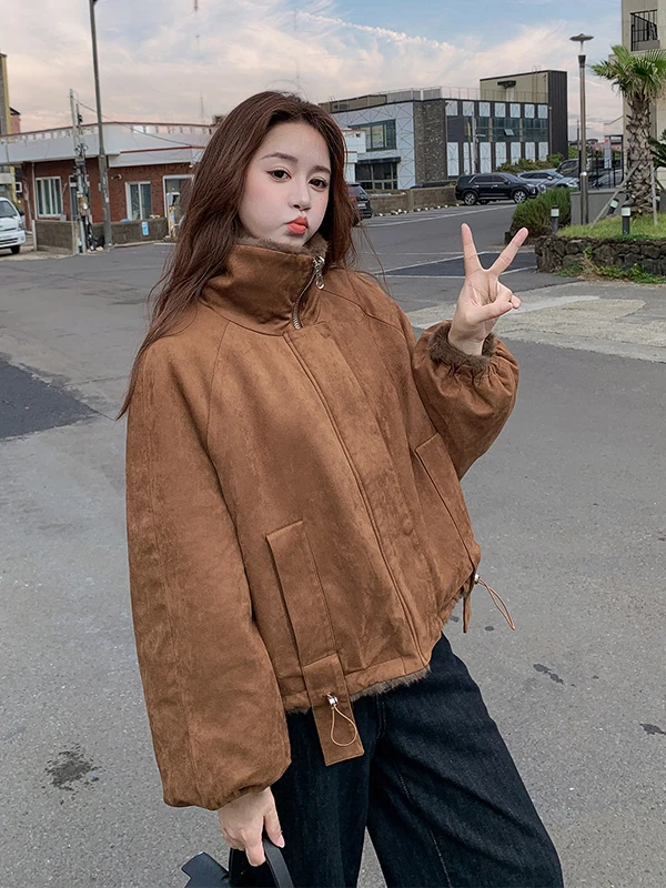 Karmelowa Dwustronna Kurtka Skórzana z Futrem, Wykończona Jagnięcym Futrem, Damska, Jesień Zima 2025, Nowa, Ocieplana, Ciepła Bluzka