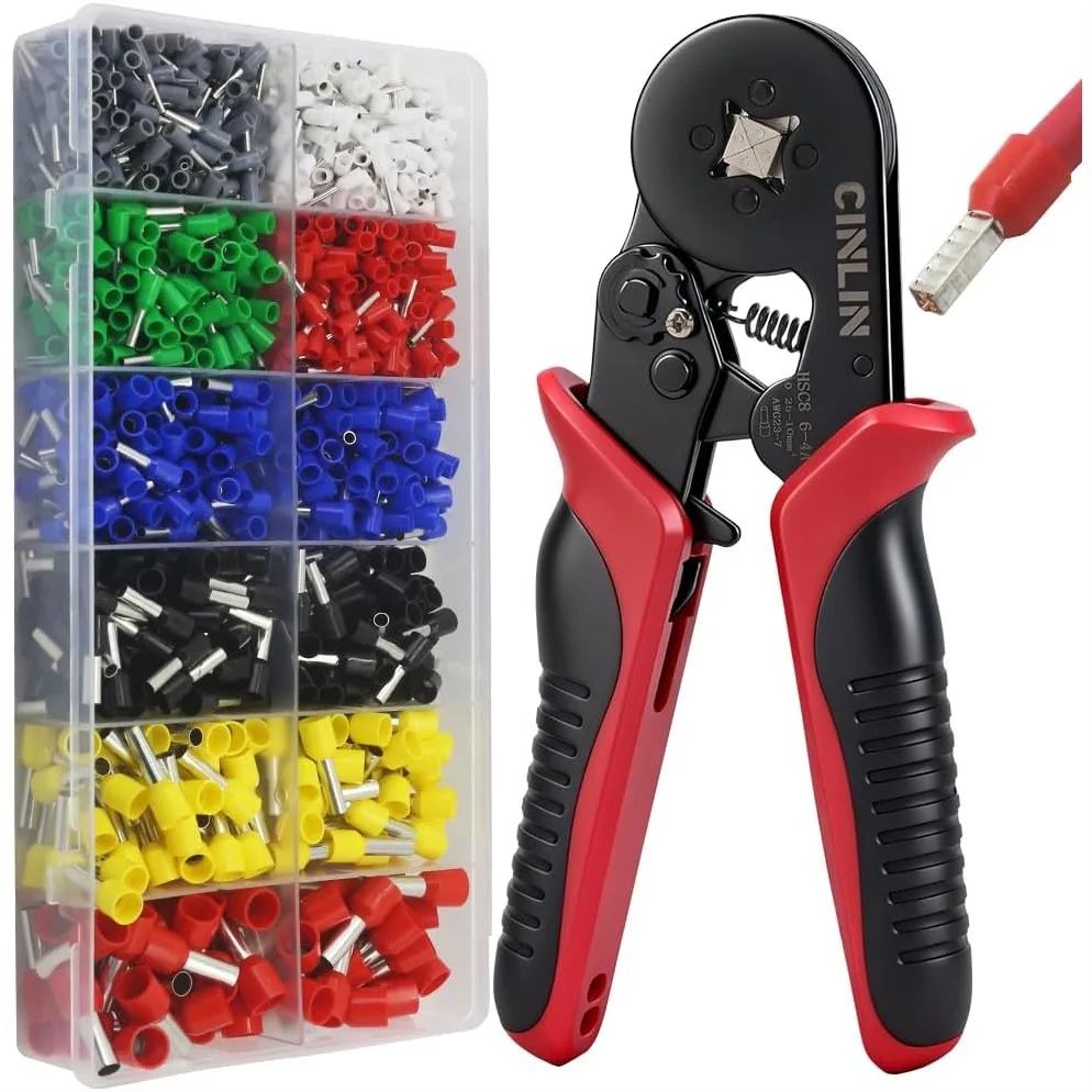 

Square Ferrule Crimping Tool Kit, 23-7 AWG Wire End Sleeves with 1380pcs Red Copper Terminals, Ratchet Crimper Plier for Secure