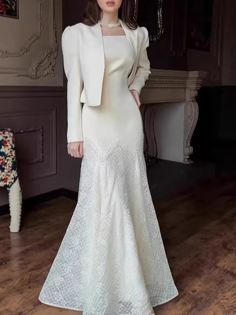 VGH Elegant White Two Piece for Women Sleeveless Spliced Lace Mermaid Maxi Skirt Slimming Short Blazer Suit for Wedding Toasts