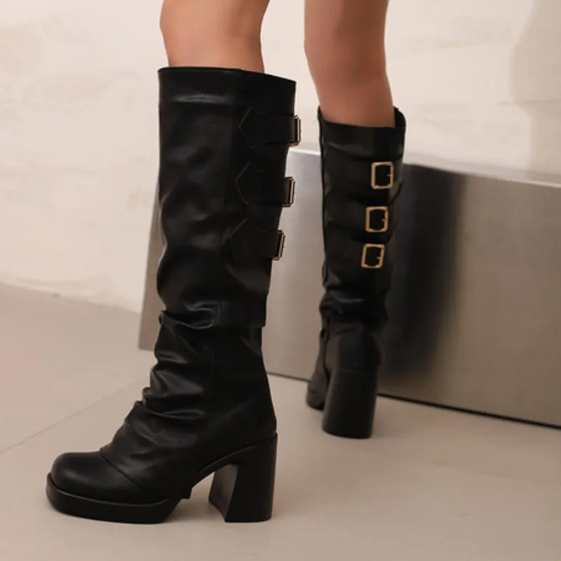 2025 New Design Female Knee High Boots Square Toe Block Heels 9cm Platform 2cm Slip on Belt Buckles Big Size 42 43 44