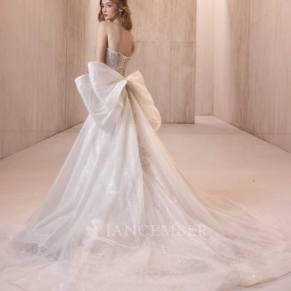 Luxurious Champagne Mermaid Customized Wedding Dress Strapless Beading Sequins Bow Organza Sweep Train Vestido De Novia
