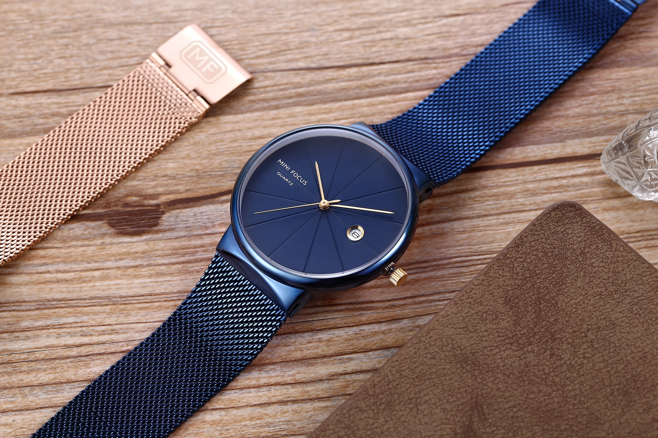 Mini Focus MF0176G Fashion Quartz Watches Blue Mesh Stainless Steel Band Waterproof Calendar Men Luxury Watch