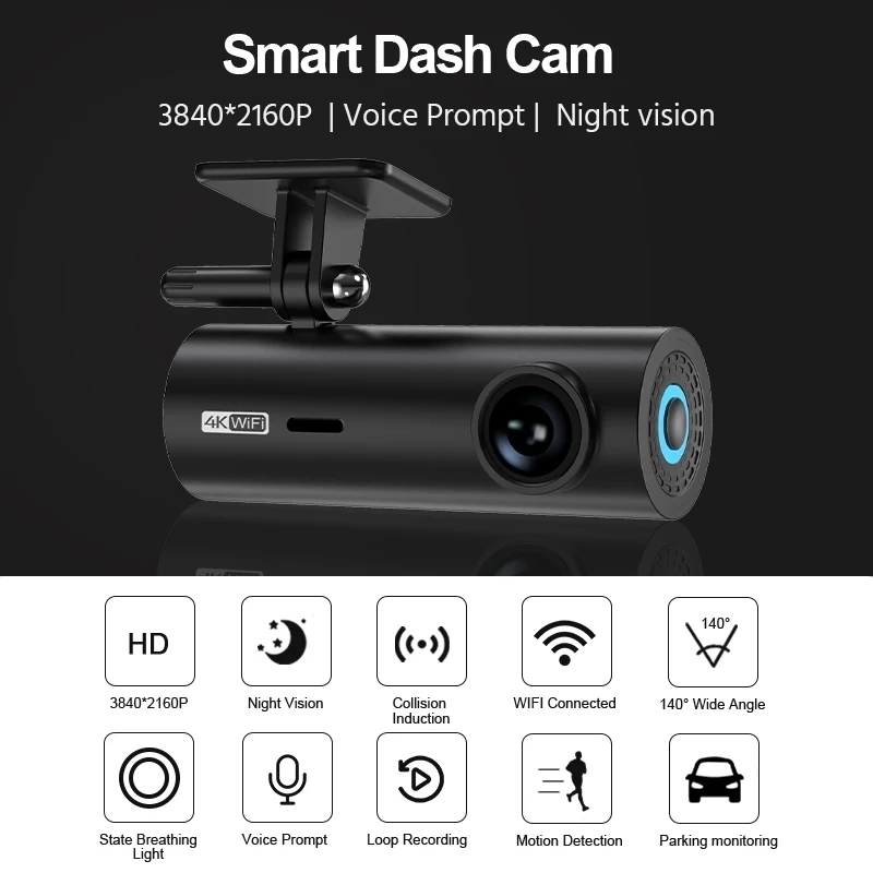 E-ACE 4K HDR WiFi Smart Dash Cam for Car DVR Camera Video Recorder Auto Night Vision WDR Voice Control Wireless 24H Parking Mode