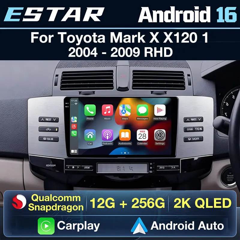 For Toyota Mark X X120 2004-2009 Right-hand Drive Wireless Carplay Auto Android 16 RDS Stereo Head Unit DTS Video Player BT GPS