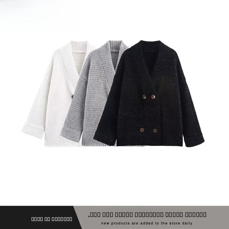 

Faionable Long Sve Knitted Open Cardigan Coat Double Button Loose Fit Autumn Winter Polyester Fiber V Ne Warmth for Women