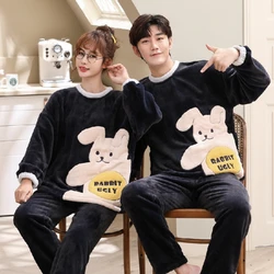 Unisex Flannel Sleepwear Set Women Men Winter Warm Fleece Couples Pajamas Set Lovers Nightshirt Cute Cartoon Pijamas Home Cloth