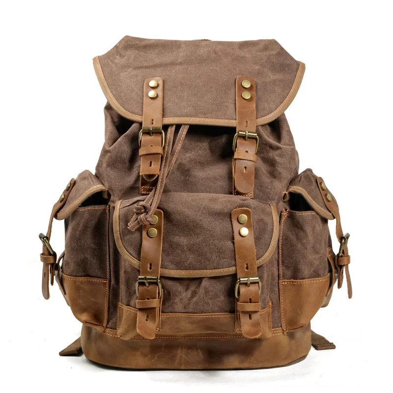 Nesitu Coffee Khaki Black Grey Green A4 Laptop Oil Wax Canvas Genuine Leather Men Women Backpack Hiking Travel Bag Duffel M9508
