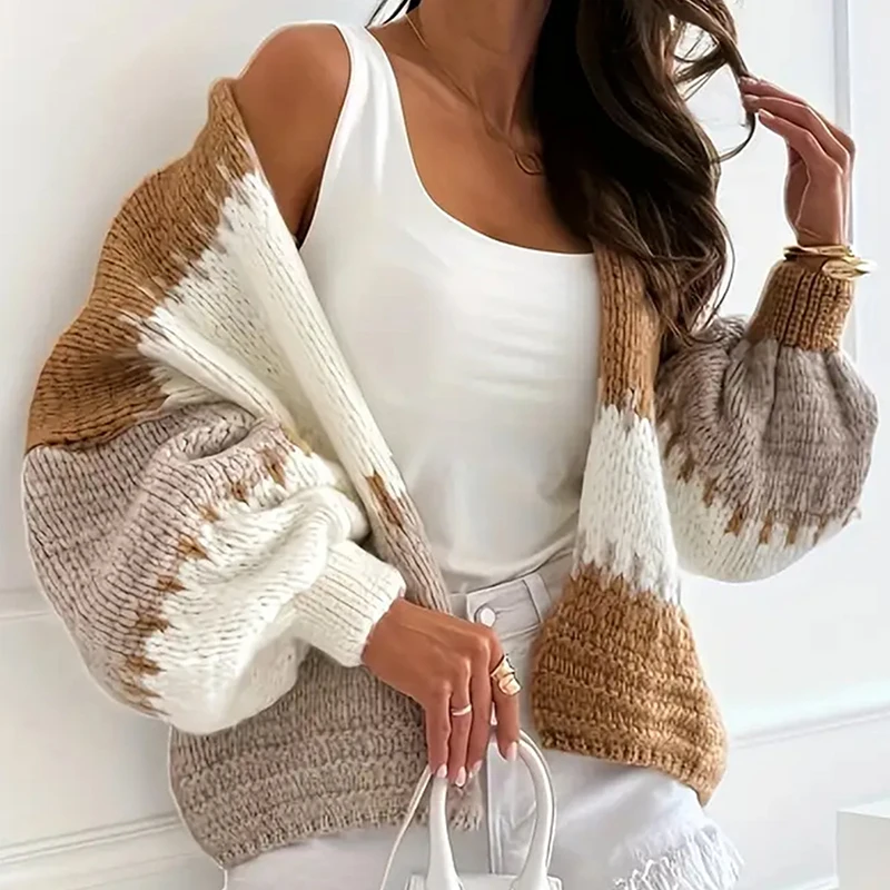 

Autumn V-neck Women's Knit Coat Leisure Winter Warm Loose Commute Jumpers Elegant Contrast Color Lantern Long Sleeve Cardigans