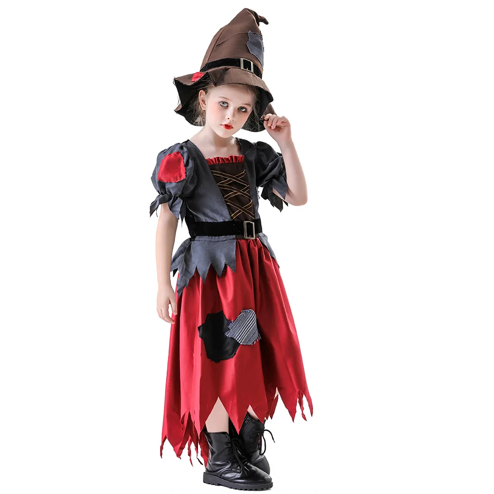 Girls New Halloween Cosplay Costume Wizard Magic Hat Scarecrow Dress Vampire Theme Party  vampire Role playing Set - Image 3