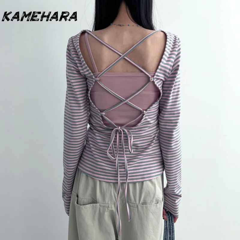 

KAMEHARA Small Niche Design Backless Hollow Out Strap Striped T-shirt American Style Casual Long Sleeved Knitted Tops ブラウス シフォン