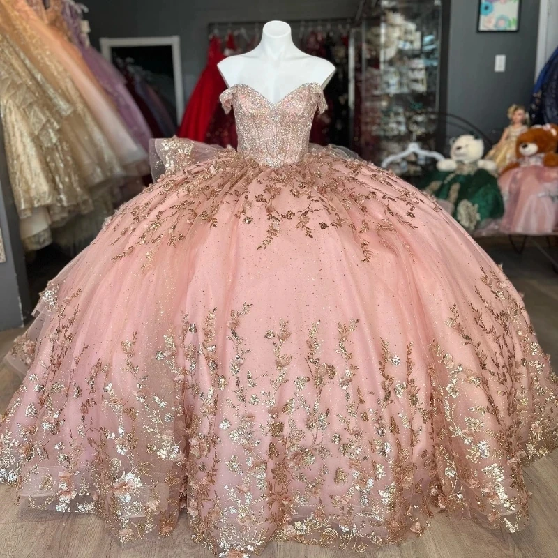 

Pink Shiny Quinceanera Dress Prom Dress Sweet 15 Dress Gold Applique Beading With Detachable tail Graduation Party Princess Dres