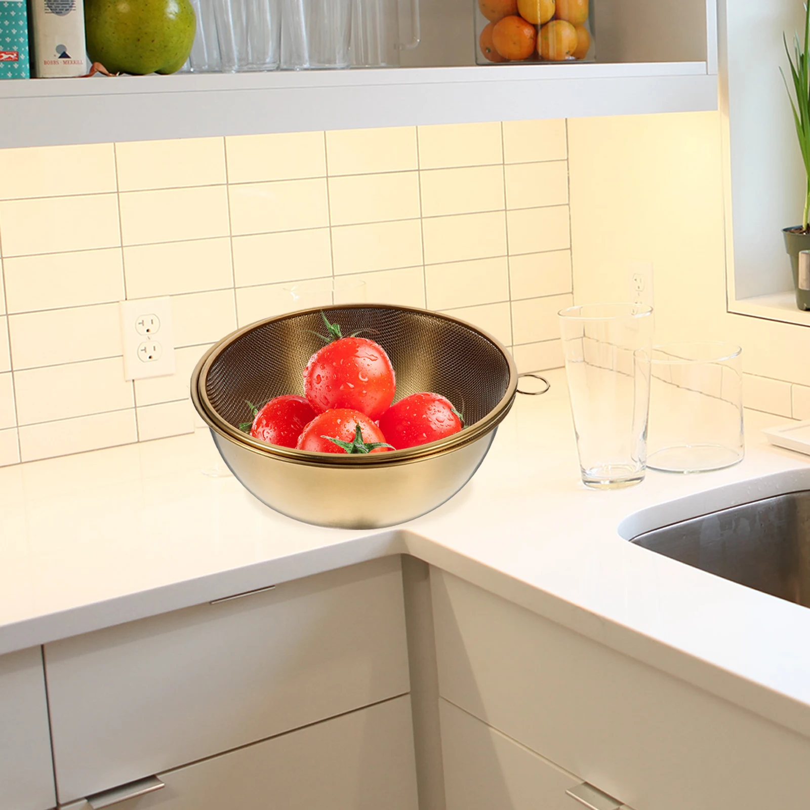 

1Set Stainless Steel Kitchen Colander Rice Washing Bowl Mesh Strainer Basket Practical Stainless Steel Colander