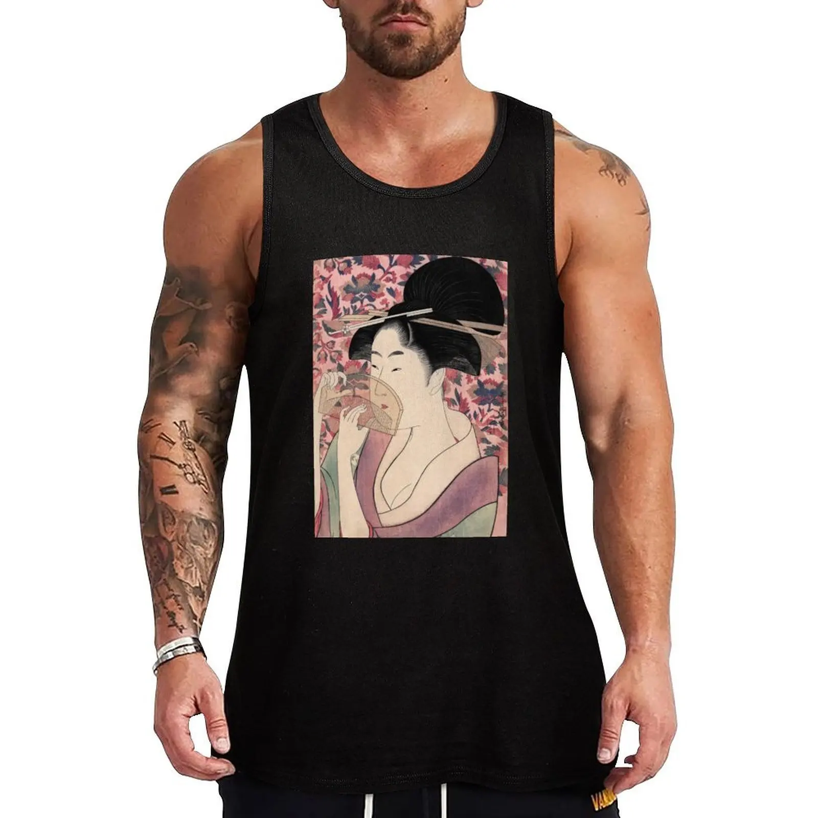 

Japanese Geisha Holding a Comb by Kitagawa Utamaro Tank Top Sleeveless men T-shirt sports Fitness men clothing