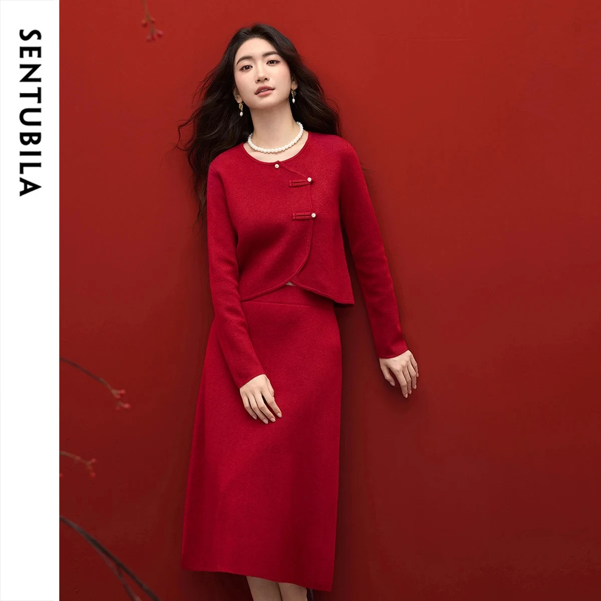 SENTUBILA Chinese Style Knitted Skirt Set 2026 Autumn Knotted Buttons O-neck Tops Midi A-Line Skirt Red 2 Piece Sets W53ZF4043