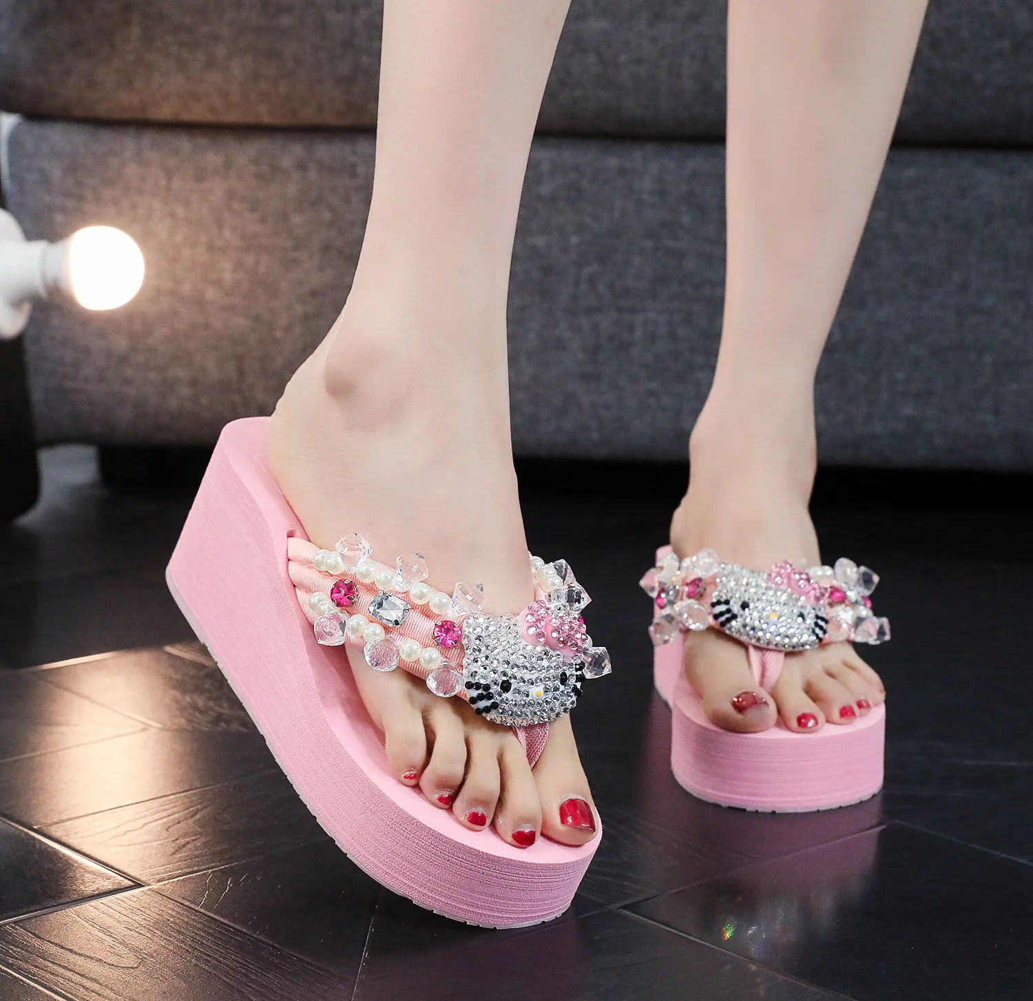 Sanrio Y2k Hello Kitty Soft Flip Flop Sandals Beach Slides Shoes Women Cute Casual High Platform Slipper Ladies Summer Slippers