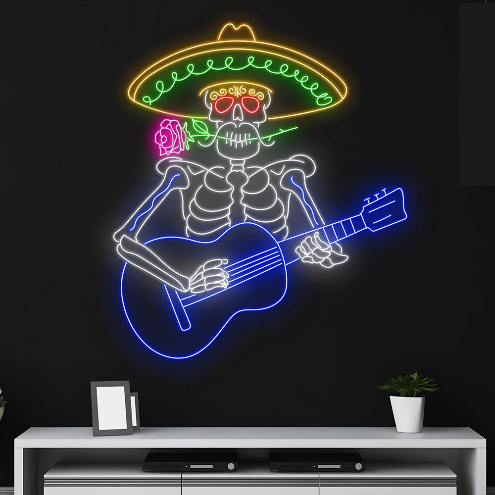 Custom Mexican Skeleton Playing Guitar Neon Sign Bar Nightclub Music Studio Decor Live Show Room Wall Decoration Led Light