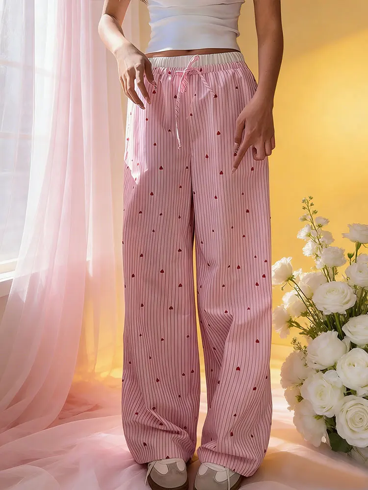 

Новые летние женские полосатые брюки с широкими штанинами, с принтом красных сердец, легкие, дышащие, с эластичной резинкой на талии, элегантная женская одежда