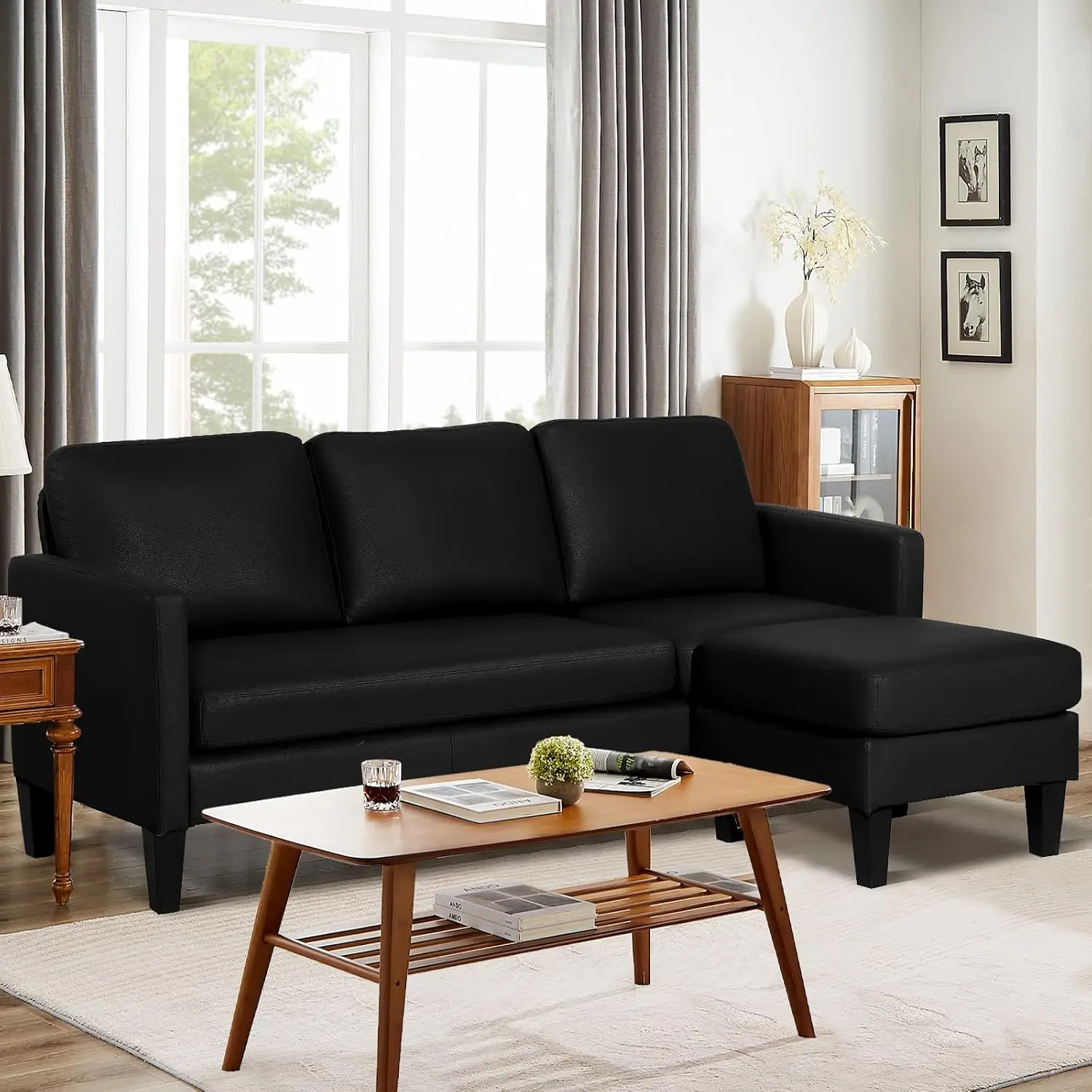 L Shaped Leather Sectional Sofa with Chaise & Convertible, Customized