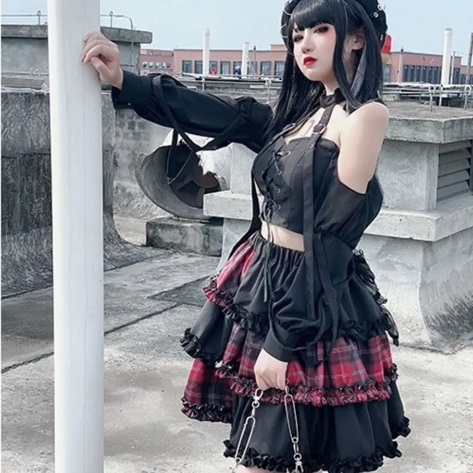 

Harajuku Skirt Two-dimensional Dark Petticoat Cosplay Red Plaid Stitching High Waist A-line Punk Spice Girl Rock Skirt