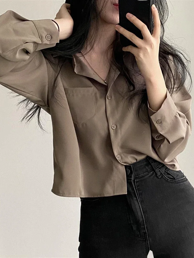 

Jmprs Designed Women Shirts Korean Fashion Solid Long Sleeve Button Up Tops Office Ladies Chiffon Short Blouse New