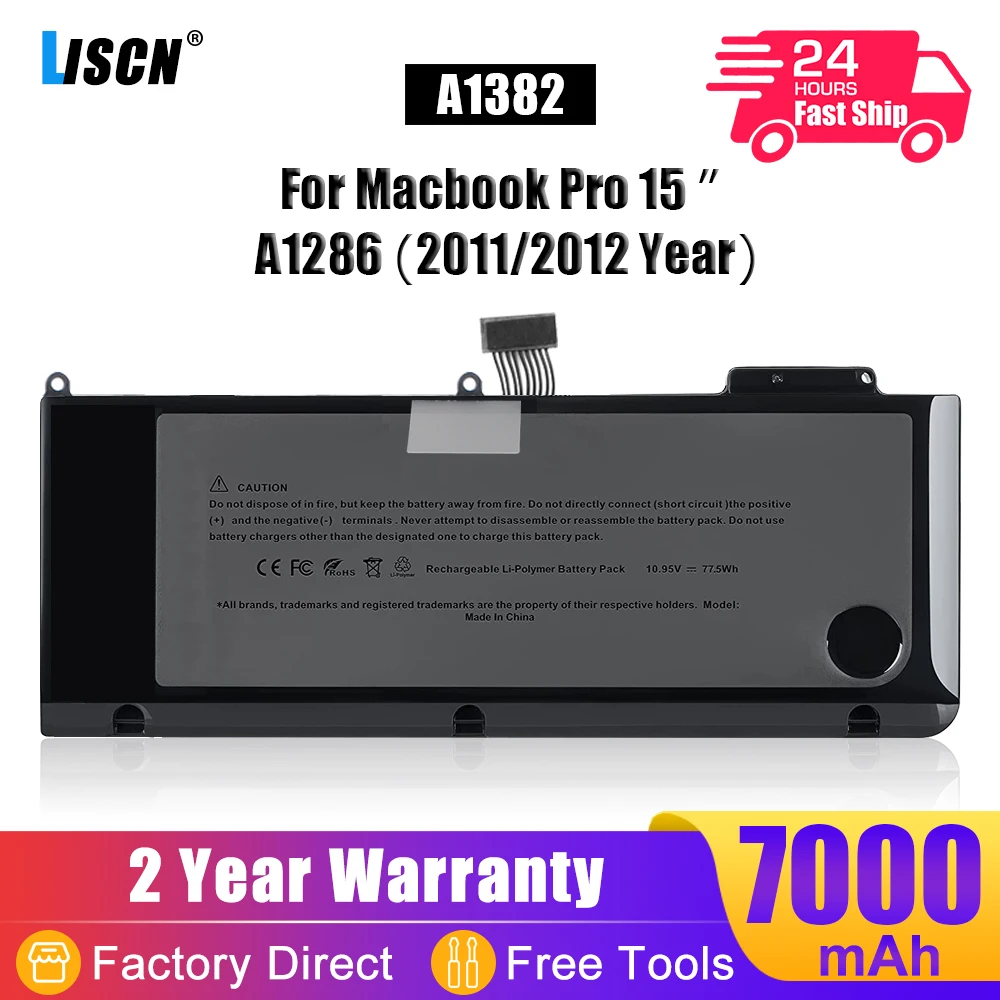 

LISCN A1382 Laptop Battery For Apple MacBook Pro 15" A1286 (Early 2011 Late 2011 Mid 2012 Version) MD318LL/A MD322LL/A 77.5Wh