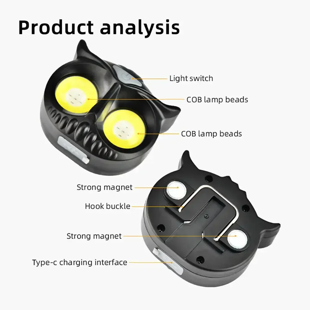 COB Owl Headlamp Waterproof USB Rechargeable Headlight with Hook and Magnetic for Adults Children Running Fishing Riding Camping