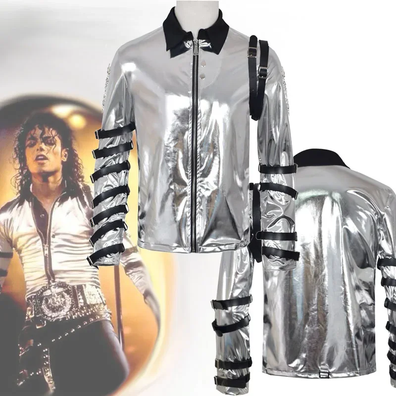 Michael Performance-Kostüm Prominenten-Auftritts-Kostüm Silberne Lederjacke Halloween Bühnen-Party-Oberteil