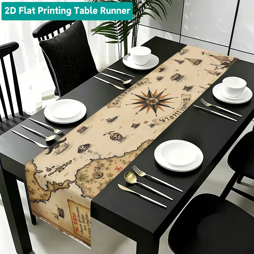 Pirate Treasure Map Table Runner Vintage, 2D Nautical Design for Party Celebration and Kitchen Dining Decor