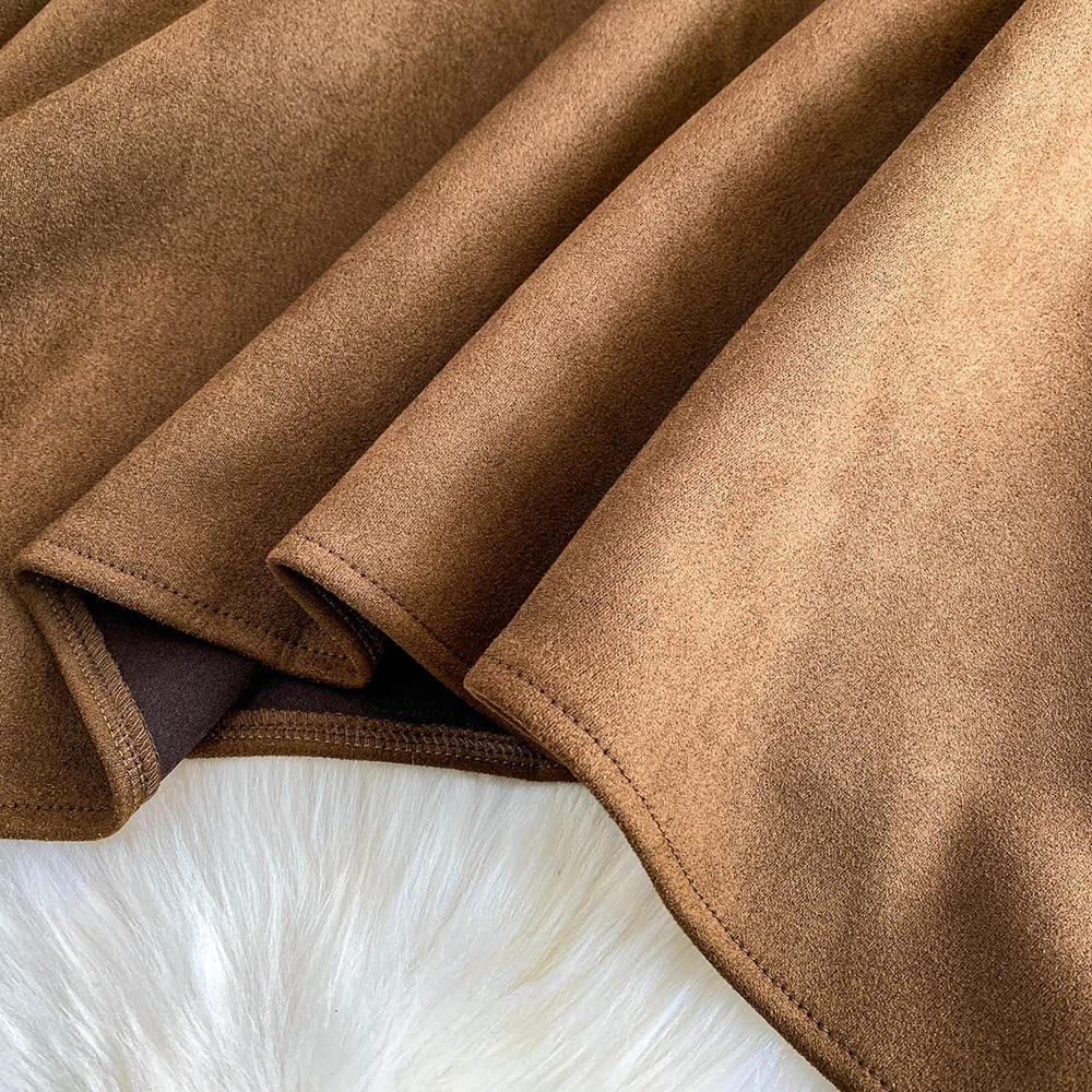 TWOTWINSTYLE Vintage Solid Suede Fabric Skirts For Women High Waist Autumn Temperament Irregular Ruffle Skirt Female KSK553267