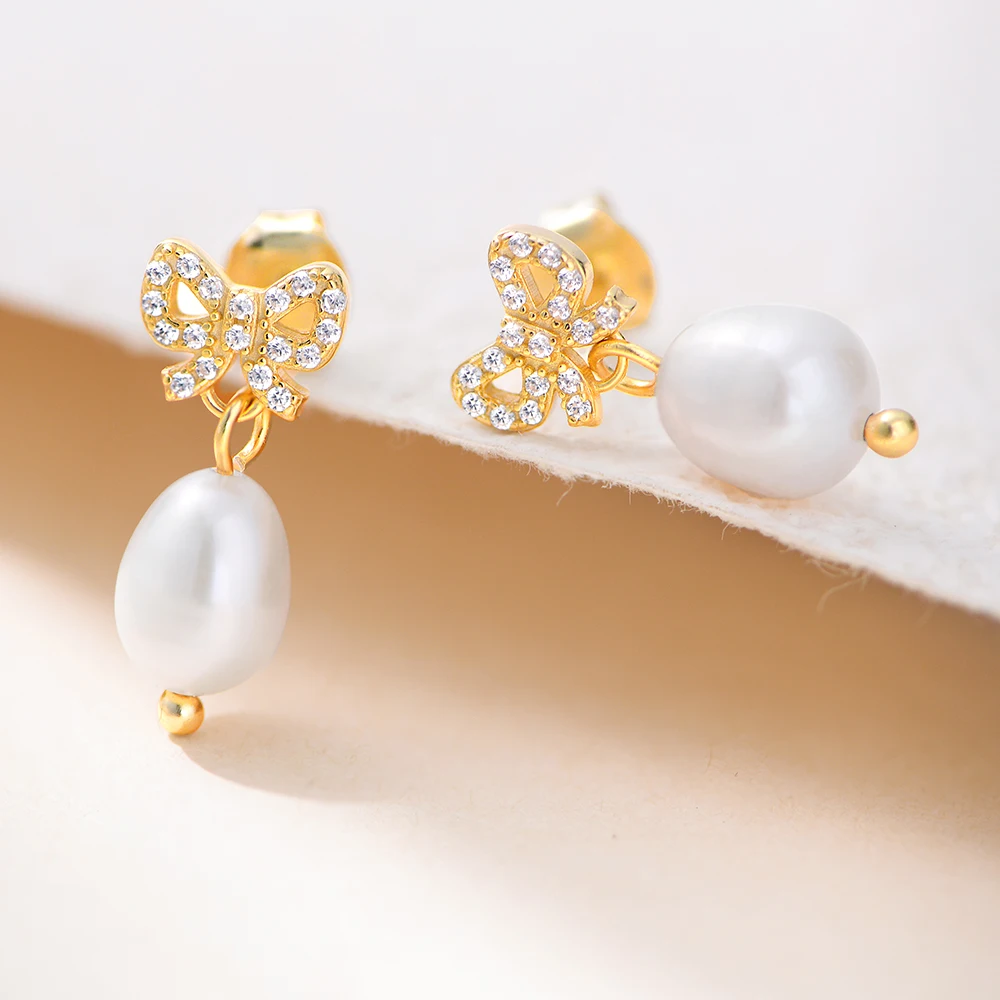 

Ювелирные изделия из стерлингового серебра 925 пробы, позолоченный 14 карат, жемчуг, бабочка, галстук-бабочка, серьги-гвоздики для женщин