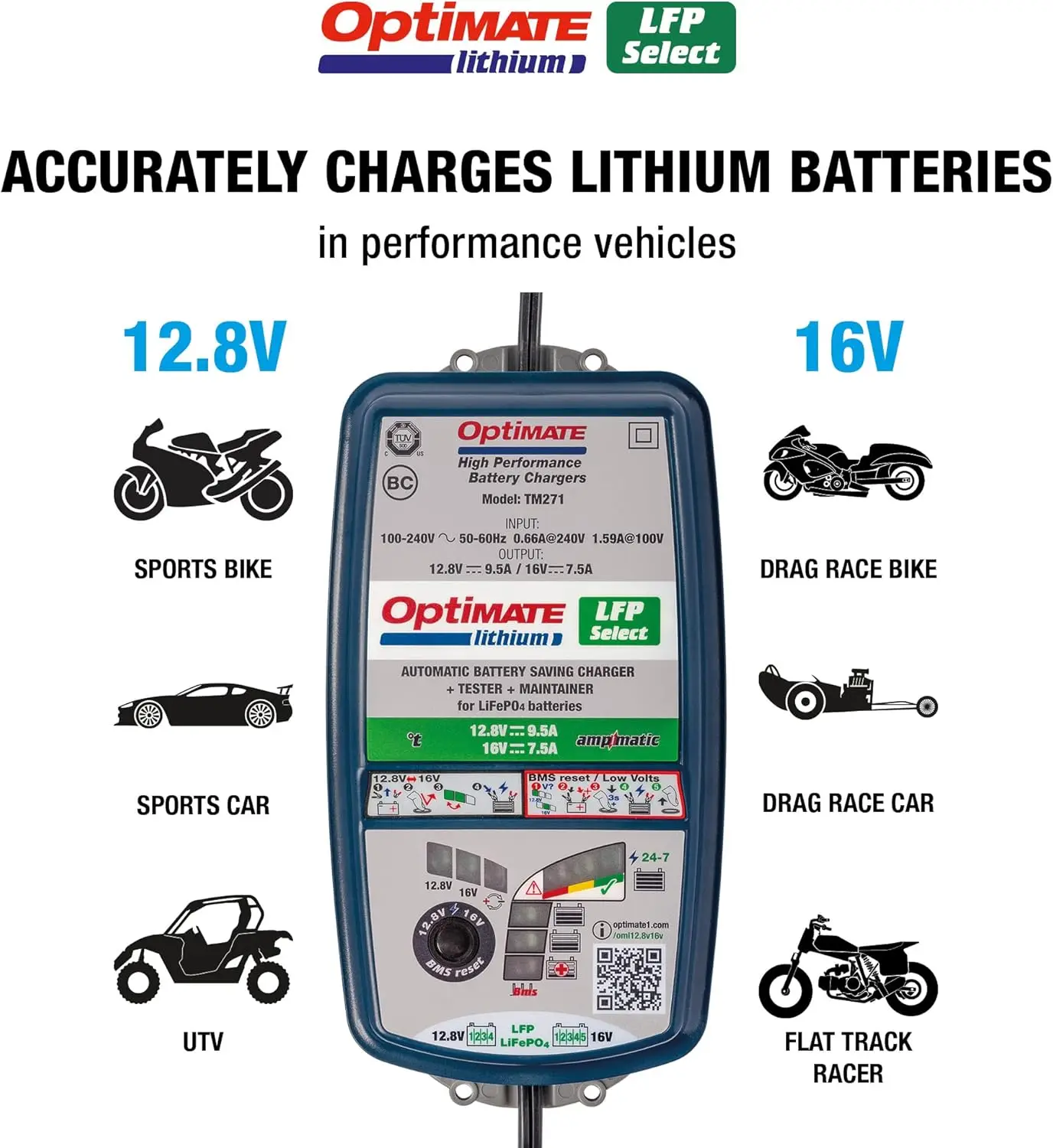 Lithium LFP Select, TM271v2, 10-Step 12.8V 9.5A / 16V 7.5A High Performance Battery-Saving Charger and Maintainer