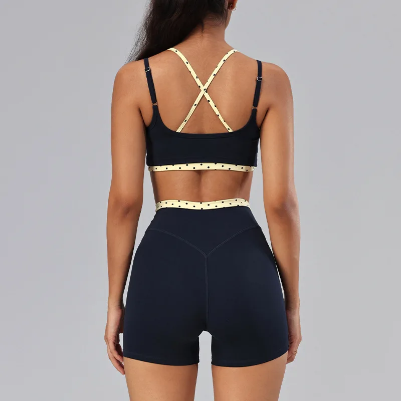 2Pcs Fitness Set Women Polka Dot Cross Back Sports Bra Push Up  High Waisted Shorts Gym Quick Dry Workout Yoga Suit