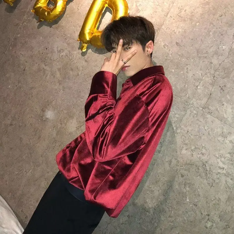 Fashion Retro Burgundy Shirt Male Model Clothing Young Master Satin Bar Foreign Style Shirt Cos Ruffian Handsome Baggy KTV Shirt
