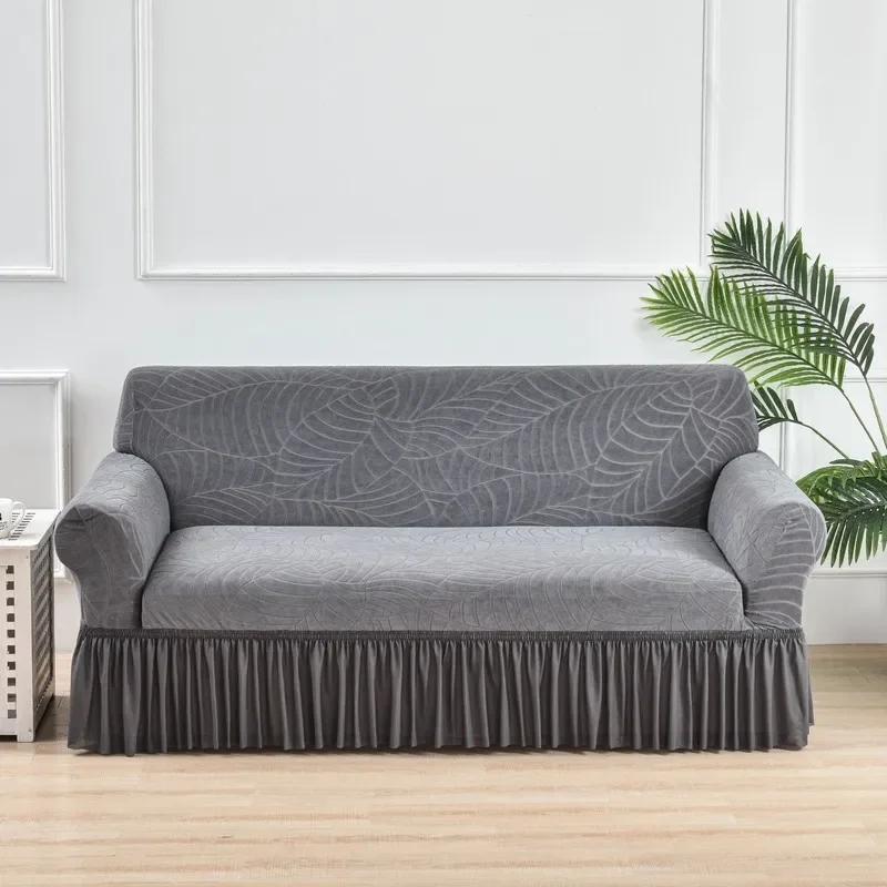 Waterproof Stretch Sofa Slipcover with Skirt, Jacquard Leaf Pattern, Non-Slip Couch Cover for 1, 2, 3, 4 Seater, 1Pc