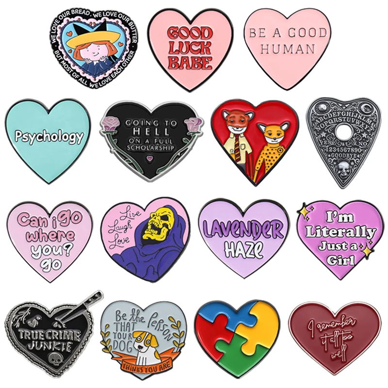 Cartoon Heart Enamel Pins Custom Good Luck Babe True Crime Junkie Metal Brooches Lapel Badge Punk Jewelry Gift For Friends