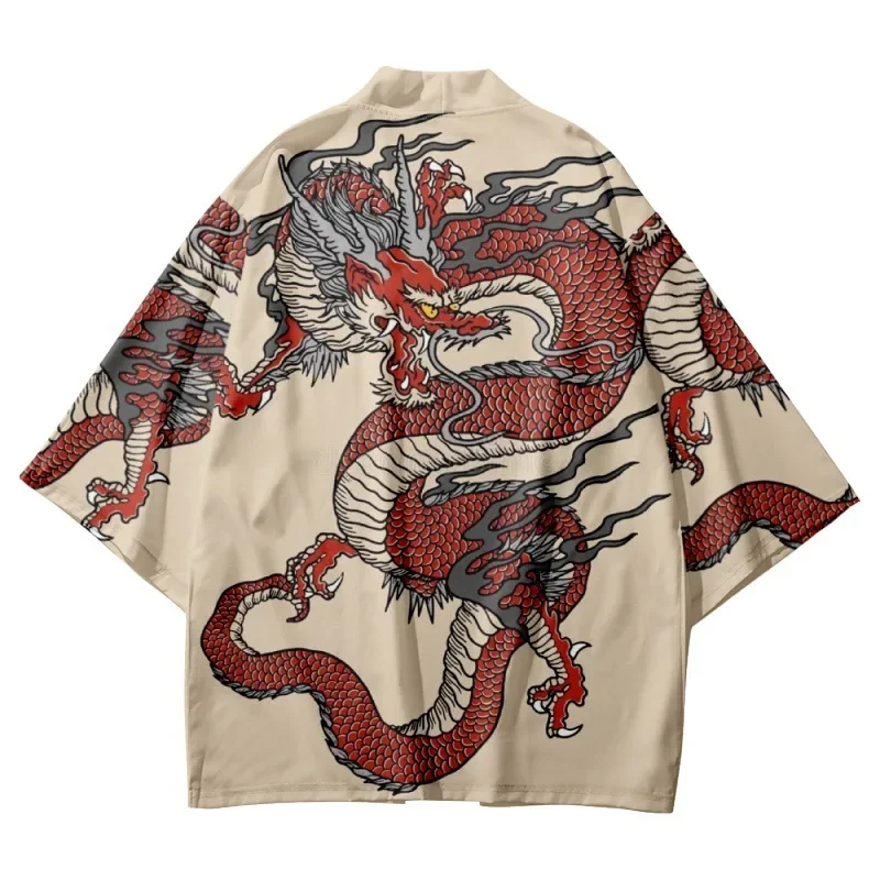 Vintage Japanese Dragon Print Kimono Cardigan Men Half Sleeve Open Front Haori Jacket Harajuku Style Unsiex Clothing