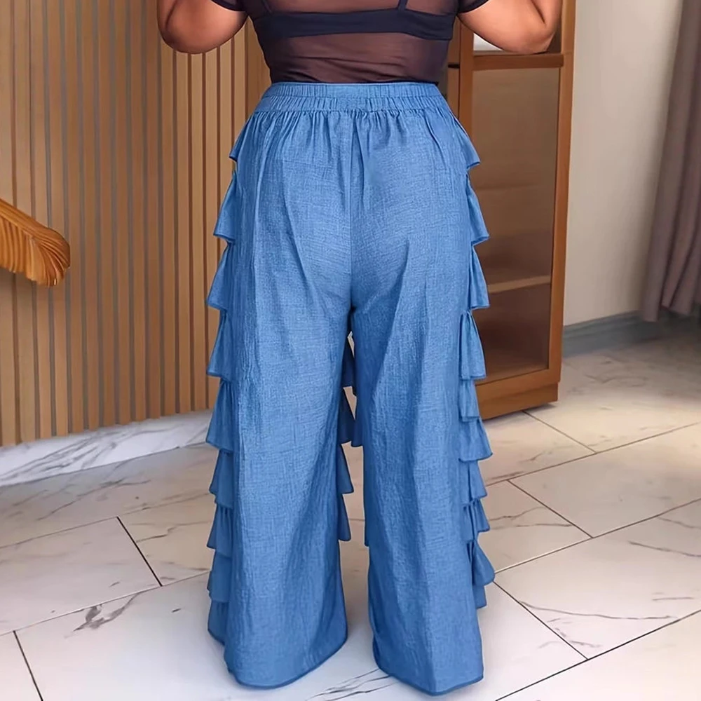 Women's Faux Denim Multi Layer Ruffle Pants Casual High Waist Loose Straight Autumn Streetwear Trousers Vintage Chic Long Pants