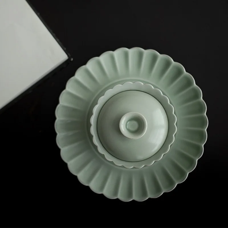 Douqing Ru Glaze Ribbed Kung Fu Tea Set Chrysanthemum Mouth Ceramic Gaiwan Scholar's Utensil Petal Te