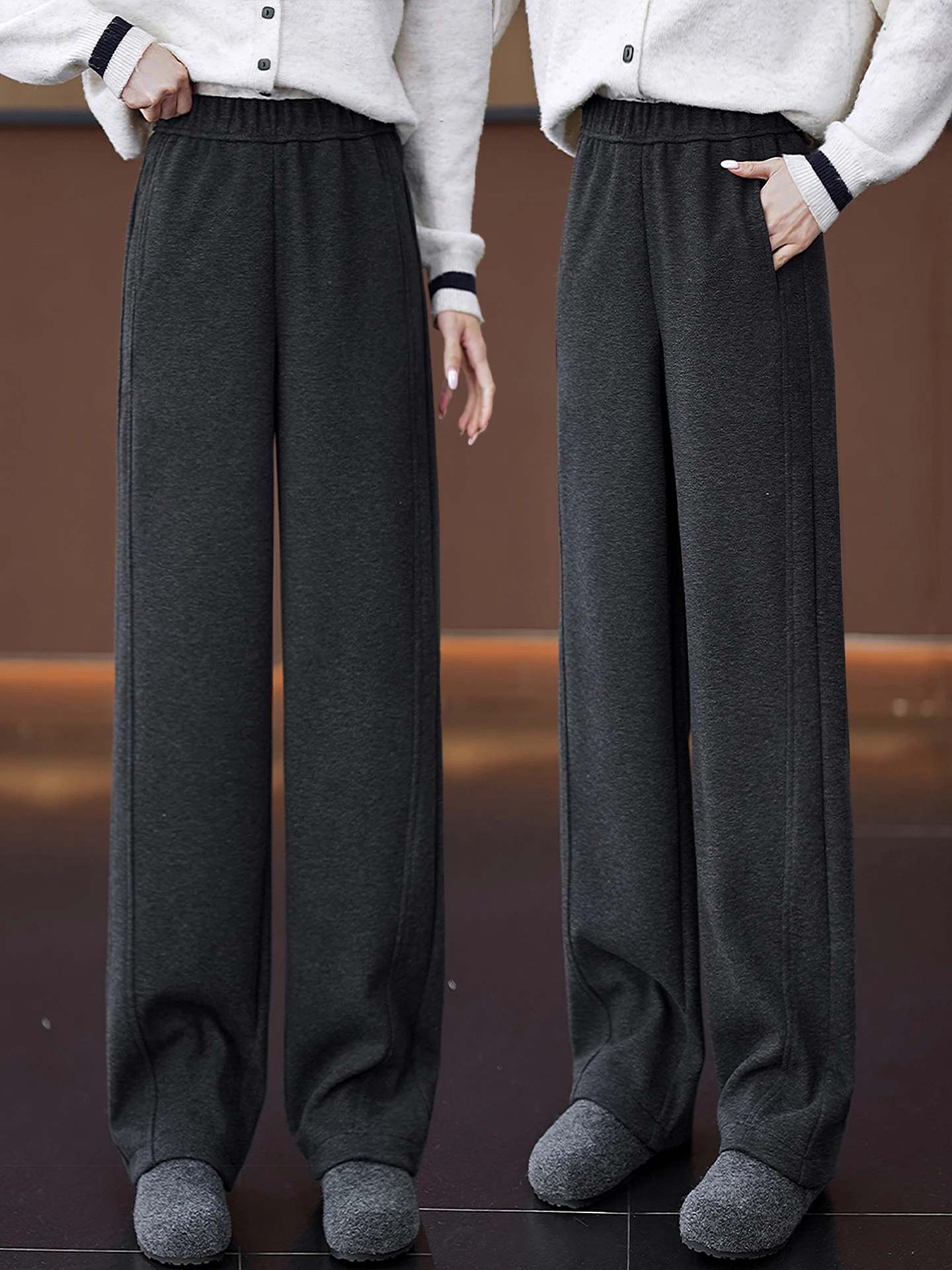 

Шерстяные брюки с высокой талией на флисовой подкладке, широкие прямые штаны свободного кроя для женщин, осенне-зимняя новинка