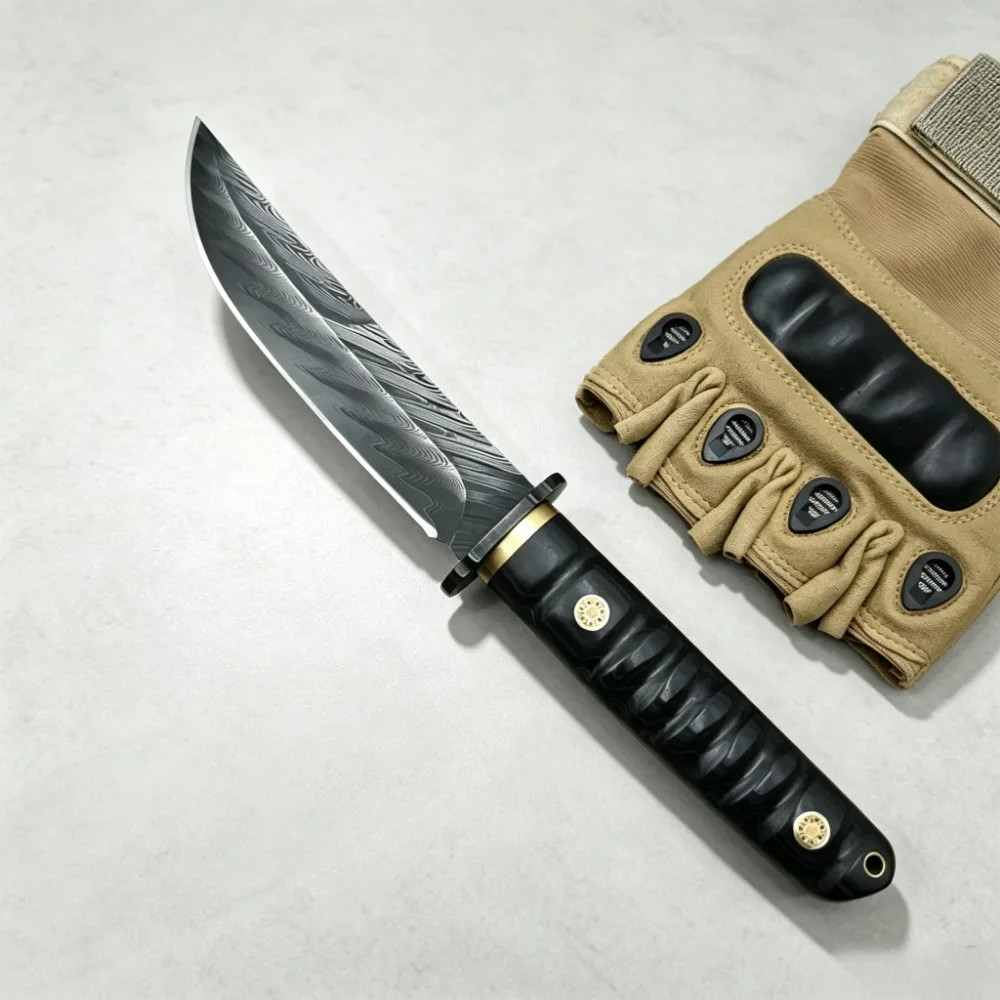 High Hardness Damascus Blade Ebony Handle Fixed Blade Pocket Knife Outdoor Wilderness Survival Knife Camping Edc Portable Tool