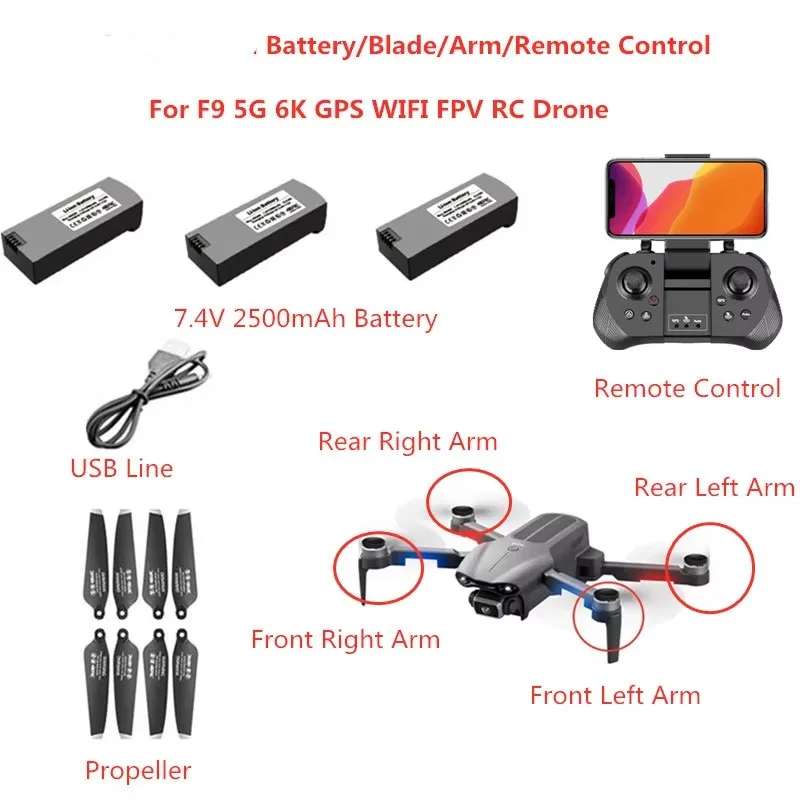 4DRC F9 배터리 F9 F-9 6K GPS RC 드론 액세서리 7.4V 2000MAH 배터리 프로펠러 암 모터 USB 라인 F9 GPS 드론 부품 블레이드