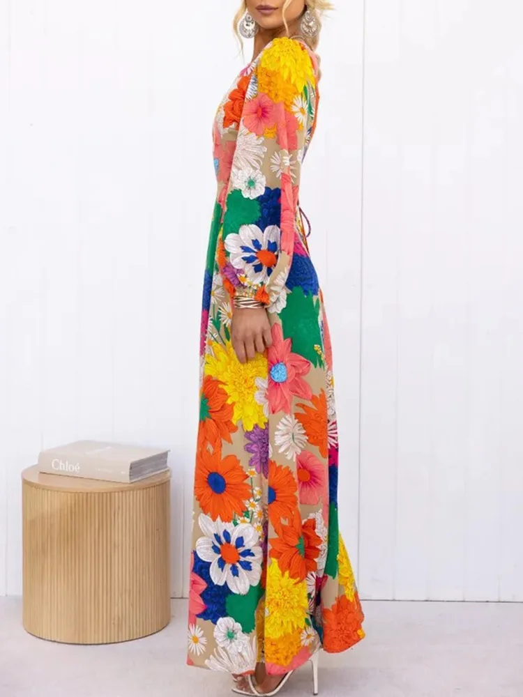 Floral Print Lantern Long Sleeve Cutout Waist Casual Maxi Dress Women