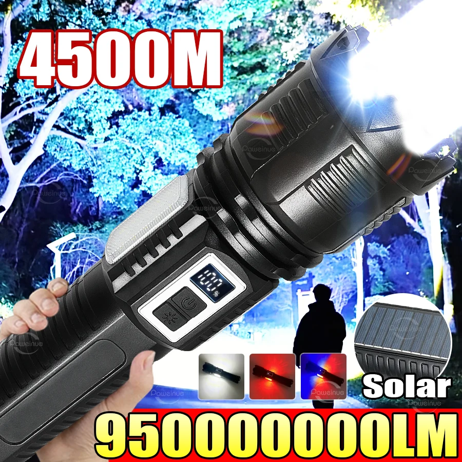 

Мощный светодиодный солнечный фонарь 2026 года, перезаряжаемый тактический фонарь, ультраяркий, большая дальность 4500 м, супер мощный светодиодный фонарик, для кемпинга и рыбалки, фонарь аккумуляторный 15000mAh
