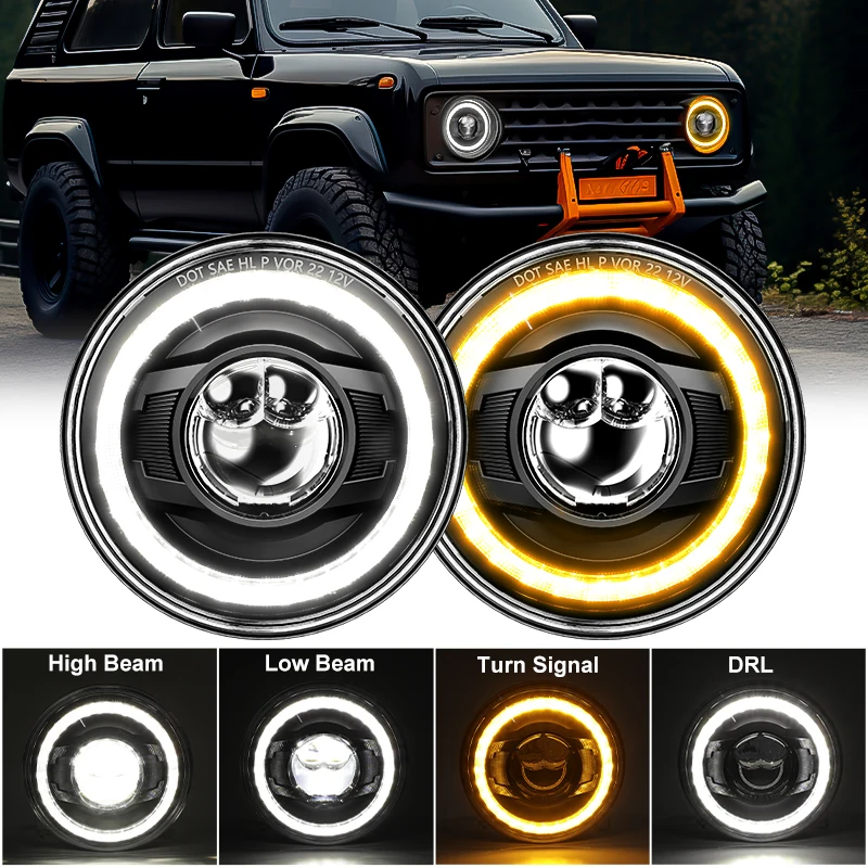 

Car 7" Led Headlight Hi/Low with Amber Turn Signal Light Halo Angle Eyes JEEP Wrangler JK Harley Touring Road King Yamaha Moto