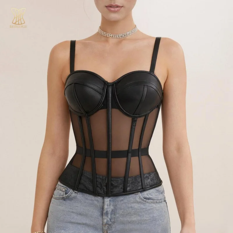 

XS Transparent black Mesh corset top With Steel bone padded bra Shaper tummy korset camisole Bustier Crop Top Women Clothing