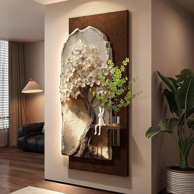 3D Wall Art Decor LED Sandstone Money Tree Wall Sculpture with Vase